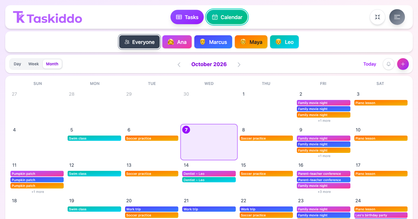Taskiddo Routine's shared calendar in month view, with color-coded events per profile