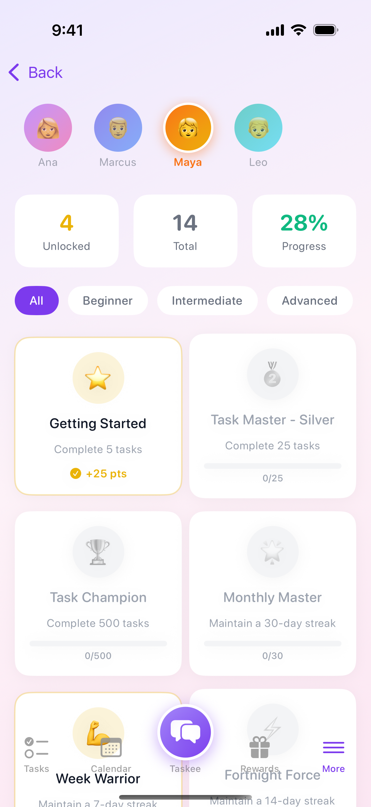 iOS app achievements screen showing unlocked streak badges and progress