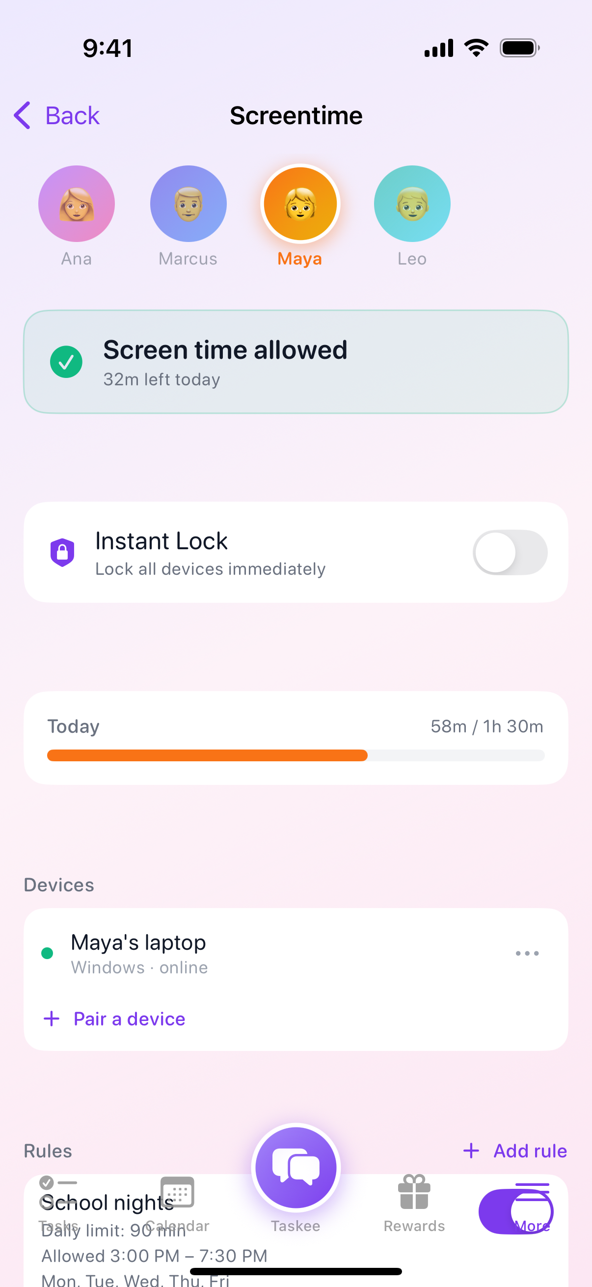 iOS app screentime view showing device usage overview and monitoring status