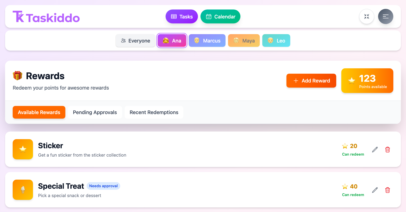 The rewards catalog, showing point costs and which rewards require approval
