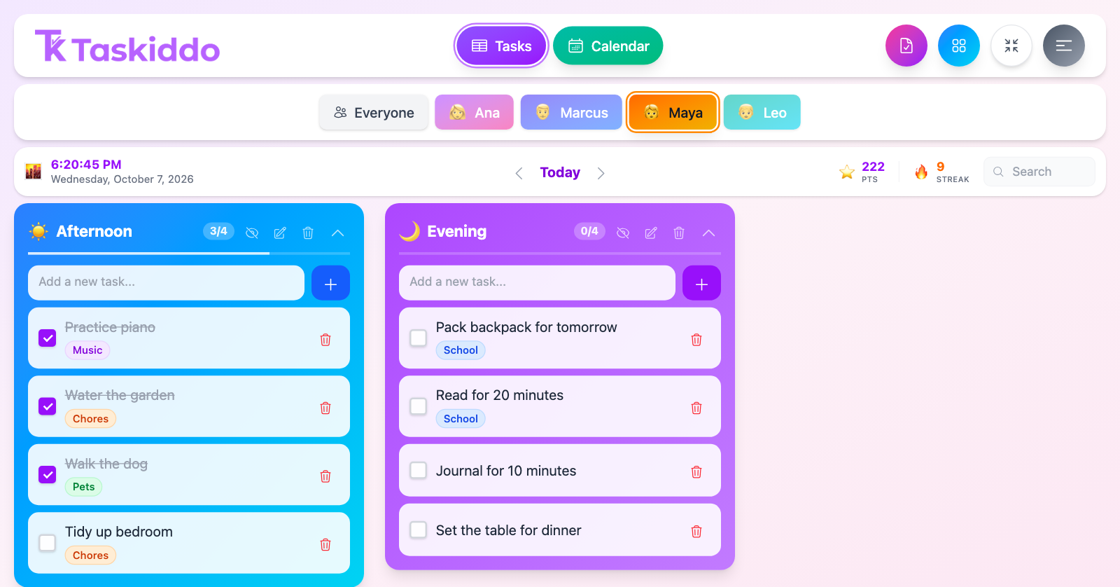 A Taskiddo Routine profile's task board showing today's tasks, points balance, and streak